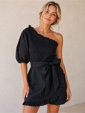Cleobella x Anthropologie Black One-Shoulder Cotton Dress Sz S| Ruffle Hem NWT